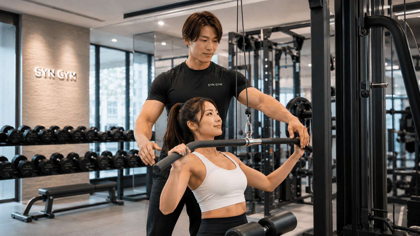 トレーナーがラットプルダウンをサポートするSYNGYMのパーソナルトレーニング